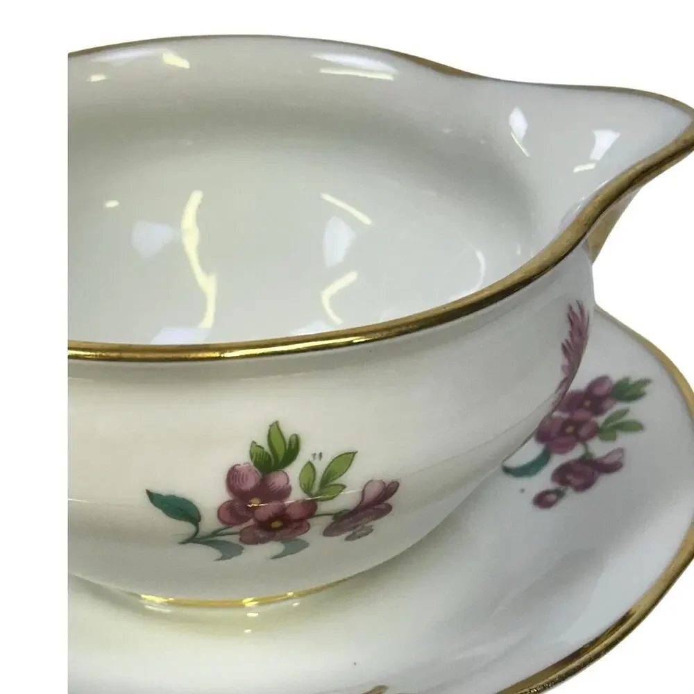 AJCO (AJ07) Vintage 1930's Gold Trim 'Flower' Gravy Boat/Attached Underplate